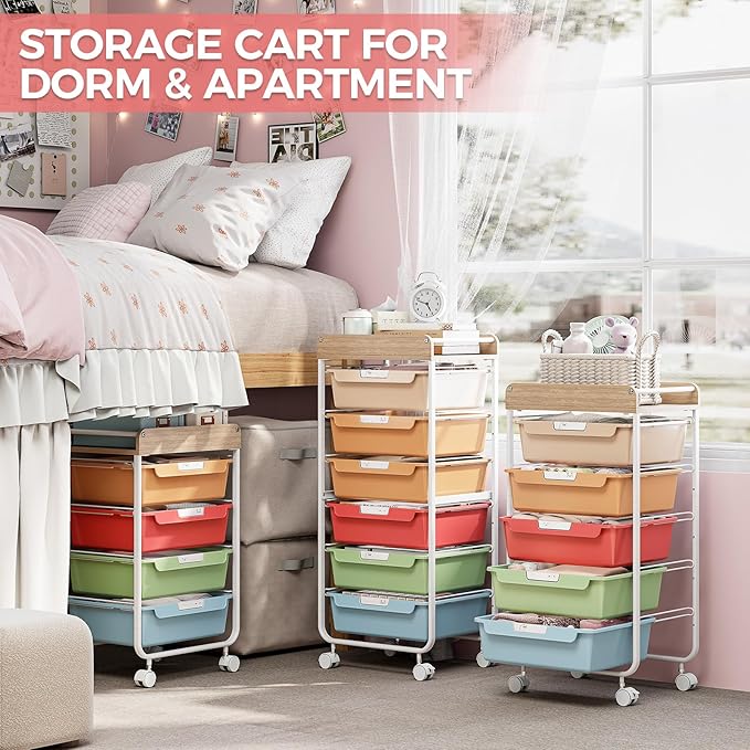Rolling Storage Utility Cart With 6 Drawers,Art Supply Craft Organizer,Sewing Makeup Organizer And Storage,Office Organization Wooden Tabletop,Rainbow