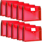 10 Pieces Plastic File Folders Envelope Expanding File Wallet Organizer Documents Folder with Snap Closure and Pocket, A4 Size Waterproof Transparent Pouch(Red,Horizontal)