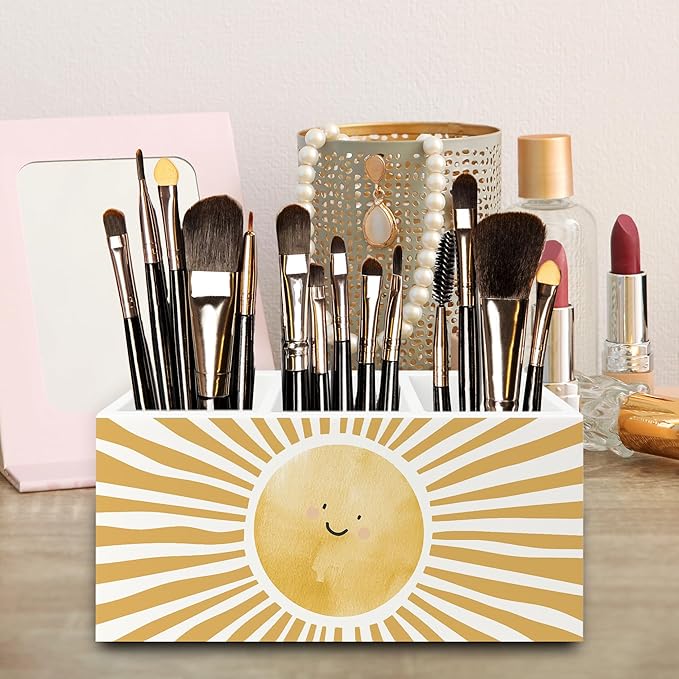 QZQE Boho Yellow Sunshine Pen Pencil Holder Organizer for Desk, Cute Smile Groovy Sun Sunshine Wooden Box Signs Decorations for Kids Room Home Classroom Desk Tabletop