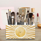 QZQE Boho Yellow Sunshine Pen Pencil Holder Organizer for Desk, Cute Smile Groovy Sun Sunshine Wooden Box Signs Decorations for Kids Room Home Classroom Desk Tabletop