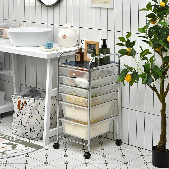 Giantex 6 Storage Drawer Cart Rolling Organizer Cart for Tools Scrapbook Paper Home Office School Multipurpose Mobile Utility Cart (Clear White)