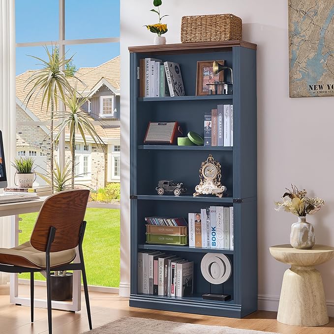 RWYHG 70" Blue Tall Bookshelf Set of 3,5-Tier Thick Wooden Book Shelf with Adjustable Shelves,Free Standing Farmhouse Bookcase with Open Display Storage,Floor Vintage Bookshelves for Living Room