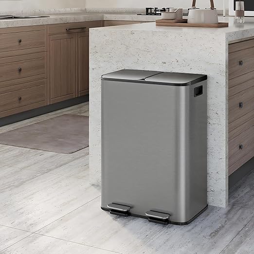 CABIHOME 2 x 8 Gal Stainless Steel Trash Can - Matte Black Dual Trash & Recycle Bin with Step-on Lid, PP Inner Buckets & Liner Rim for Kitchen