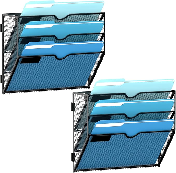 SUPEASY 3-Tier Wall File Holder Organizer with Hooks, Mesh Hanging File Organizer, Mail Organizer Wall Mounted for Papers, Folders, Office Magazine Rack, Black, 2Pack