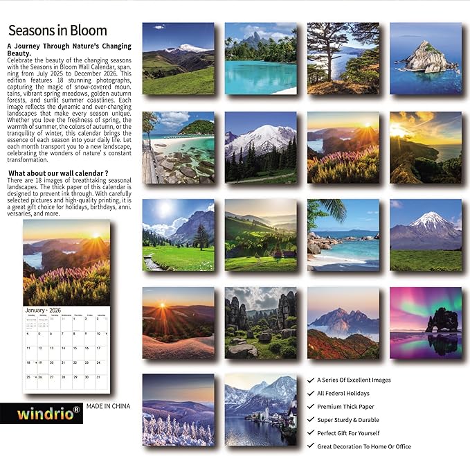 2026 Wall Calendar,Calendar 2026, July 2025 - December 2026, Wall Calendar Seasons In Bloom, 12" x 24" Opened,Full Page Months Thick & Sturdy Paper for Gift Perfect Calendar Organizing & Planning