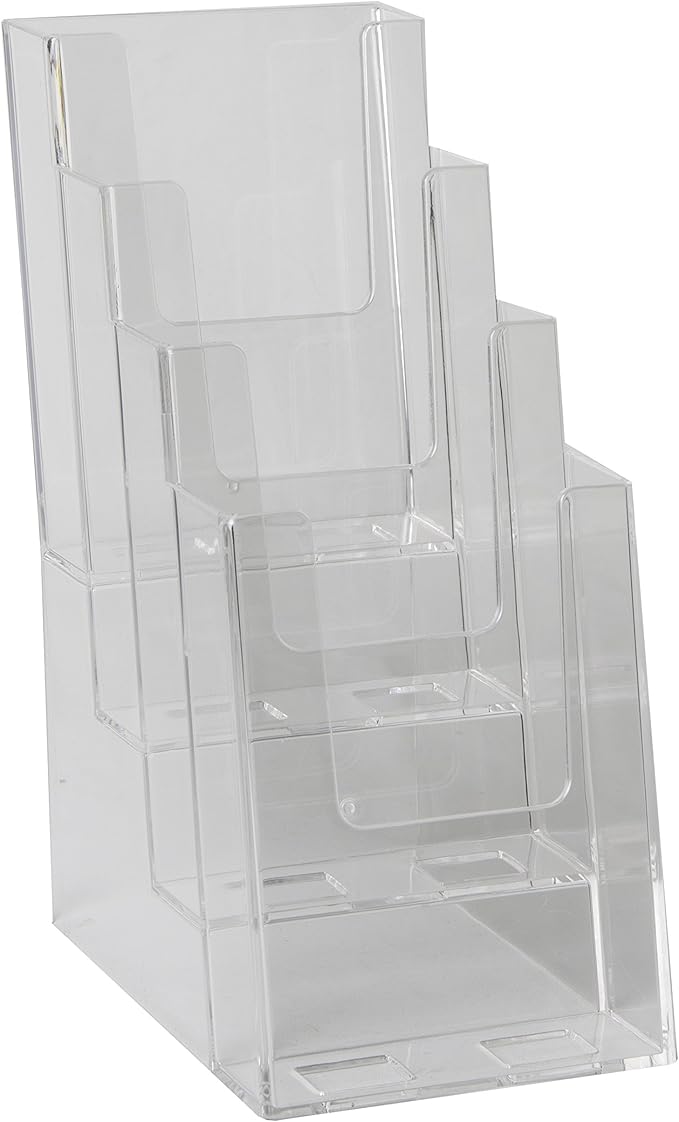 Clear-Ad - LHF-S104 - Acrylic Slant Back 4 Tier Trifold Brochure Display - Plastic Literature Holder for Flyers, Booklets, Bills, Mail, Letters, Cards, Pamphlets, Maps (Pack of 4)