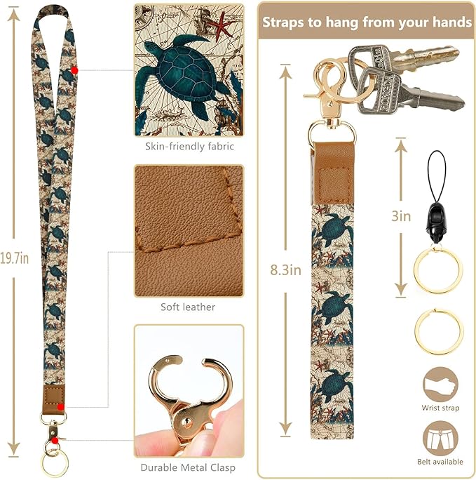bolimoss Turtle Lanyard Wallet with Id Badge Holder, Cute RFID Small Wristlet Keychain Wallet, Zipper Credit Card Holder Phone Wrist Neck Strap for Key Name Tag, Teacher Student Office Women
