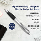DISCOUNT PROMOS Personalized Ballpoint Pens With Rubber Grip, 100 pack Customizable Ergonomic Click-to-Write Custom Writing Pens for School with Black Ink, Black