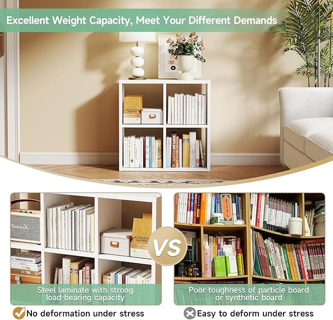 IRONMIX Metal 4 Cube Storage Organizer, White Short Bookshelf with Storage, Small Horizontal Bookshelf, 2 Tier Open Bookcase Cube Shelf, Small Closet Organization for Home Office Library (White, 700)
