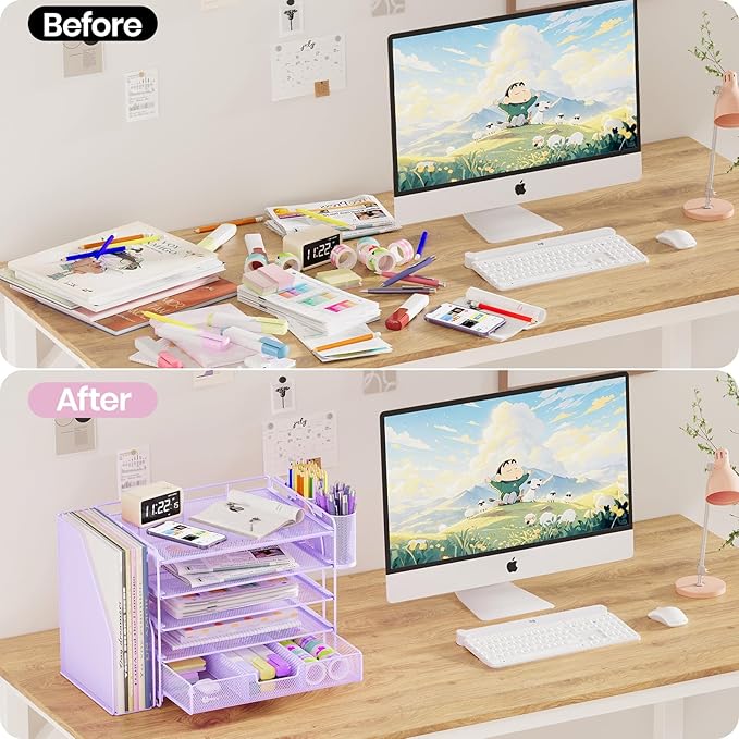 OPNICE Desk Organizer, 5-Tier Paper File Organizer with Drawer & Pen Holder, Office Desk Accessories, Workspace Desktop Organizer for Office Supplies(Purple)