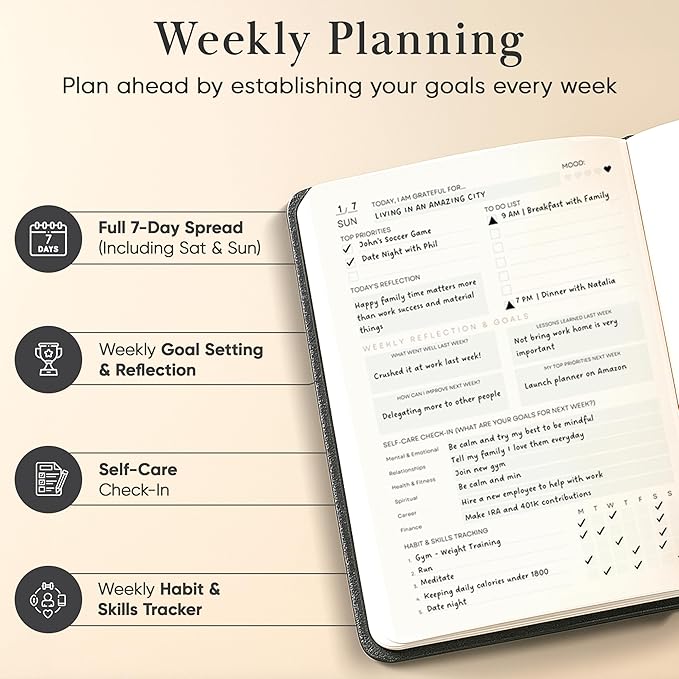 Mantra Planner 2026 Planner, Daily Journal & Gratitude Journal All-In-One with To Do List, Self Care Prompts & Habit Tracker - 7 x 10 - Black