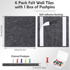 Large Cork Board 28" x 19", 6 Pack Felt Wall Tiles with Colored Pushpins, Bulletin Boards with Removable Self-Adhesive Strips, Pin Board Cork Boards for Walls Office Home-Dark Gray