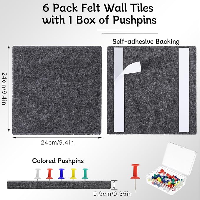 Large Cork Board 28" x 19", 6 Pack Felt Wall Tiles with Colored Pushpins, Bulletin Boards with Removable Self-Adhesive Strips, Pin Board Cork Boards for Walls Office Home-Dark Gray