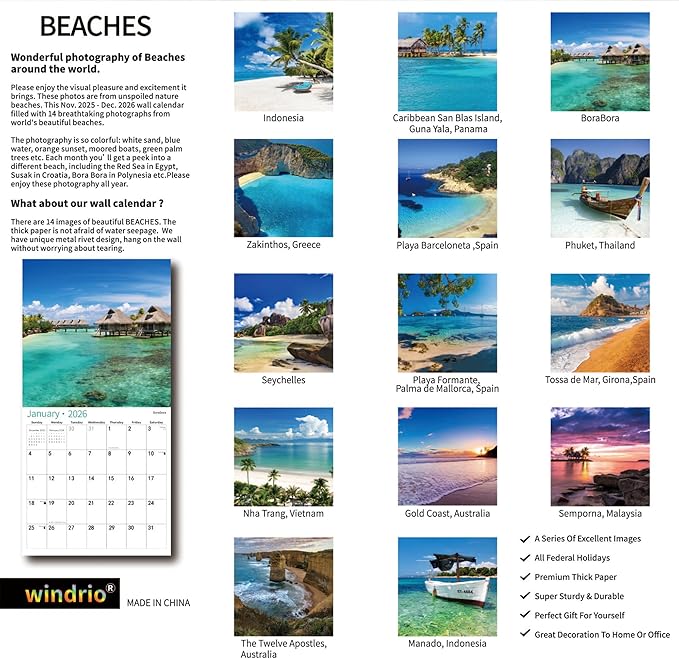 2026 Wall Calendar,Calendar 2026, January 2026 - December 2026, Wall Calendar BEACHES, 12" x 24" Opened,Full Page Months Thick & Sturdy Paper for Calendar Organizing & Planning