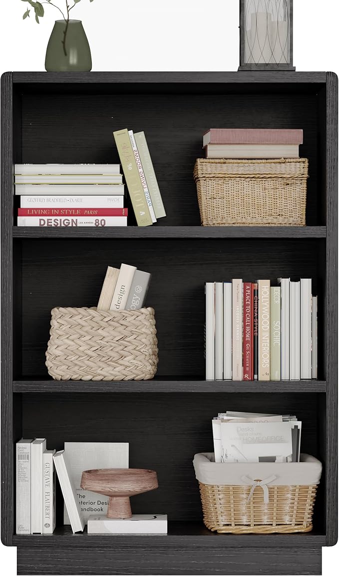 ChooChoo 3-Tier Bookcase, Wooden Bookshelf, Farmhouse Bookshelf with Open Storage, Tall Bookcase for Bedroom and Home Office, Black