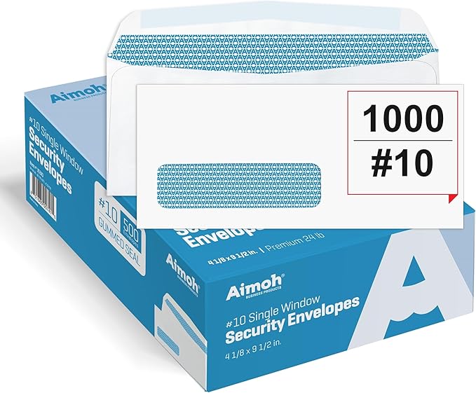 Aimoh #10 Single Left Window Security Tinted Envelopes, Gummed Closure, Size 4-1/8 X 9-1/2 inches, 24 LB - 1000 Count (35310-1000)