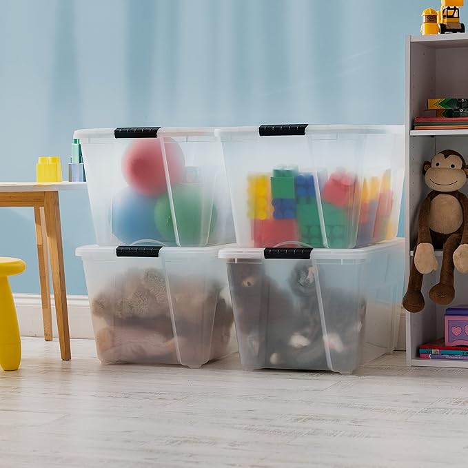 IRIS USA 51 L (54 QT) Plastic Storage Box with Lid and Latches - 4 Pack - BPA-Free, See-Through Organizing Solution, Durable Nestable Stackable Containers, Secure Pull Handle - Clear