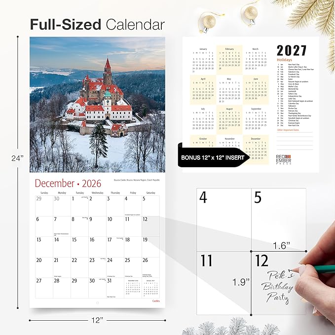 RED EMBER Castles 2026 Wall Calendar 12 Month | 12" x 24" Open | Thick & Sturdy Paper | Holiday Gift | Travel Calendar 2026