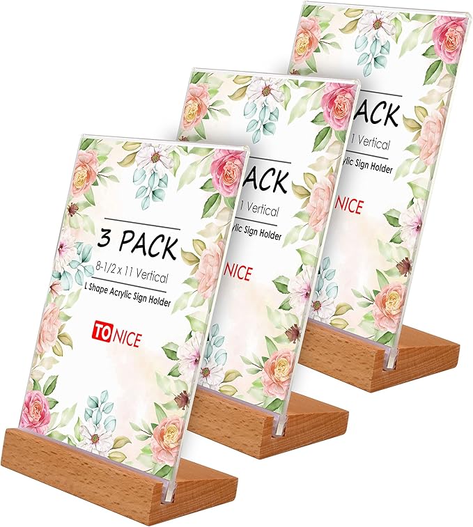 TONICE® 3 Pack 8.5x11 Acrylic Sign Holder L Shape Slant Back Design Clear Acrylic Frame Wood Base, Table Menu Display Stand, Flyer Display (Optional 8.5x11/5x7 Inch L/T Shape)