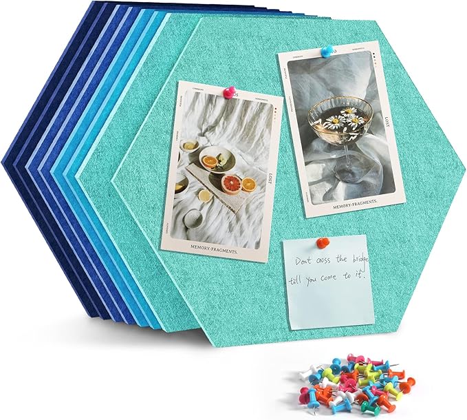 Uoisaiko 12" Large Bulletin Board with 30 Push Pins, Pack of 8 Hexagon Felt Pin Board Notice Boards for Home Office Kitchen, Felt Wall Tiles for Photos Memos (Dark Blue)