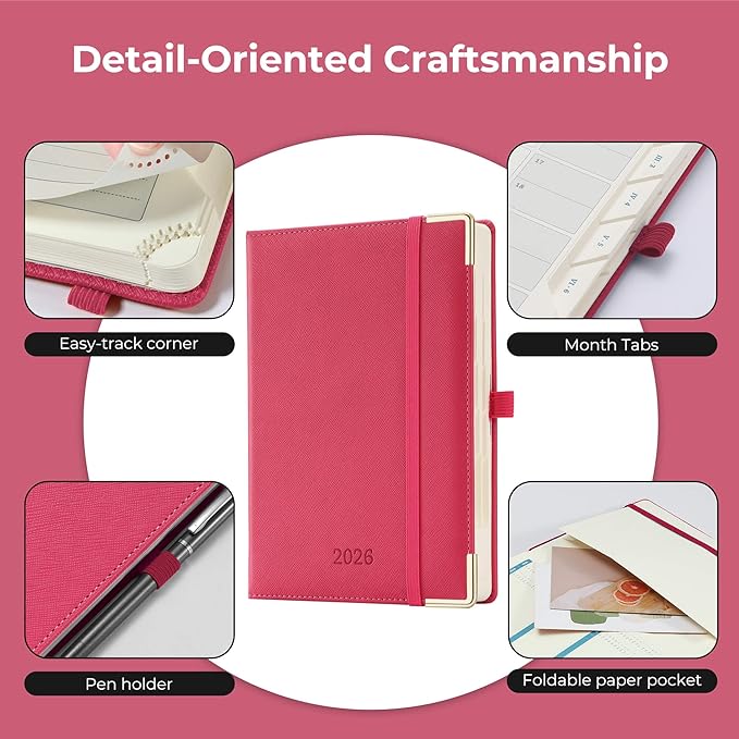 IN-luxpro Daily Planner 2026 with One Page Per Day,(A5-8.5" x 5.9"),12 Months Calendar Hourly Appointment Book Monthly Tabs & Self-adhesive Pen Holder,Inner Pocket, Vegan Leather Hardback,Rose Red
