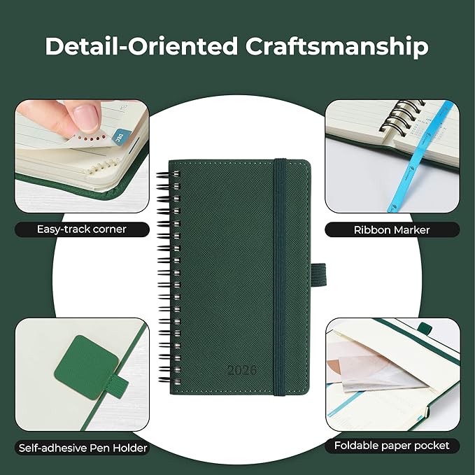 IN-LUXPRO Planner 2026 Daily Weekly and Monthly,6.5"x3.75",12 Months Spiral Bound Calendar Agenda with Self-adhesive Pen Holder,2026 Appointment Book with Vegan Leather Soft Cover,Green