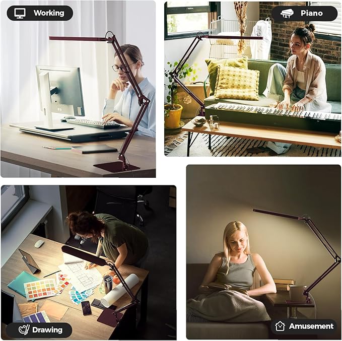 SKYLEO LED Desk Lamp with Slim Base - Adjustable Swing Arm Desk Light, Dimmable, Timer, Eye Protection, Memory Function, 1300LM, 12W, Red