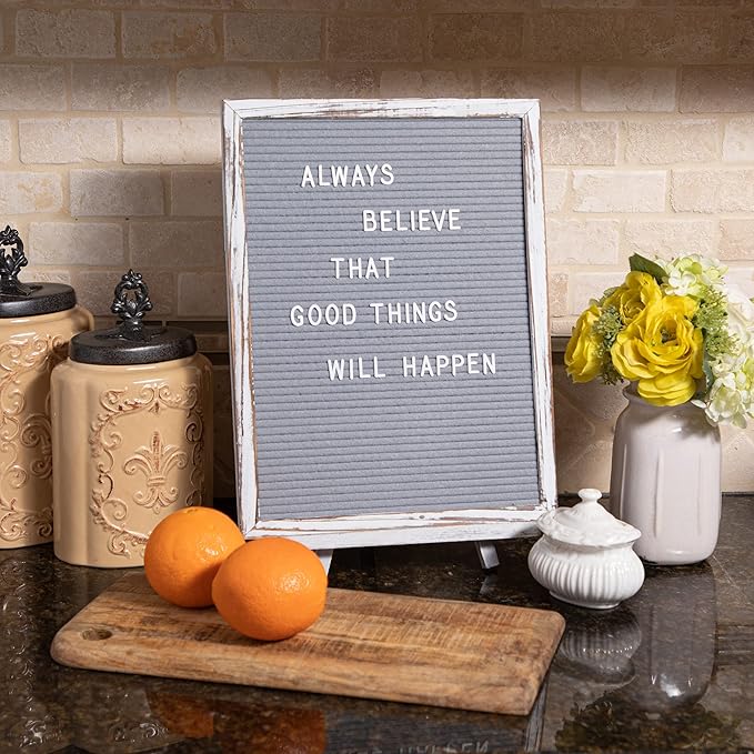 Felt Board With Rustic Vintage Frame and Stand 12x16 Inch, Grey Changeable Message Board Includes 792 Letters, Numbers and Symbols, Hook to Hang, 2 Canvas Bags