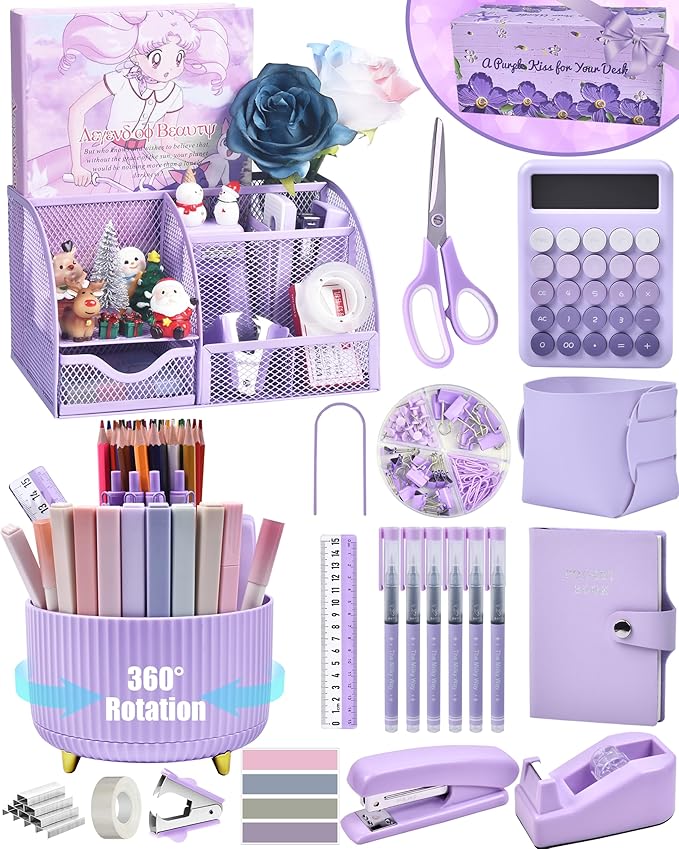 LXEVIHK 21Pcs Purple Desk Organizers and Accessories With Mesh Desk Organizer and 360°Rotating Pen Holder and a Lot of Office Purple Office Supplies Beautifully Presented in a Gift Box