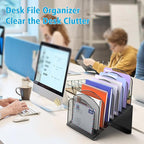 Inclined Desk File Organizer, 8-Section Upright Desk Organizer File Sorter for Office Classroom Desktop Organization, Black, 1Pack