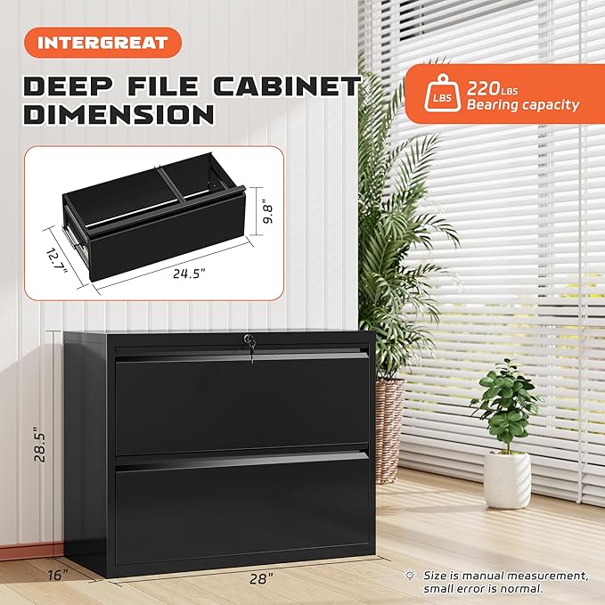 INTERGREAT Lateral File Cabinet 2 Drawer, Black Metal File Cabinets for Home Office, Locking File Cabinet for Letter/Legal/F4/A4 Size Hanging Files, Easy Assembly