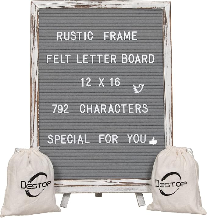 Felt Board With Rustic Vintage Frame and Stand 12x16 Inch, Grey Changeable Message Board Includes 792 Letters, Numbers and Symbols, Hook to Hang, 2 Canvas Bags