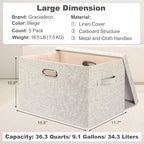 Graciadeco Large 17" 36 Quart Collapsible Stackable Storage Bins with Lids, 5 Packs Beige Linen Fabric Closet Boxes with Lids, Storage Cube Baskets Container Organizers for Bedroom Office(17 x12 x11)