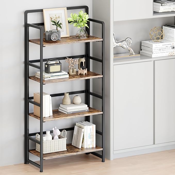 THKKY No Assembly Folding Bookshelf, 4 Tiers Collapsible Book Shelf for Home Office, Vintage Wood Foldable Bookcase Storage Organizer for Living Room Bedroom (Rustic Brown)