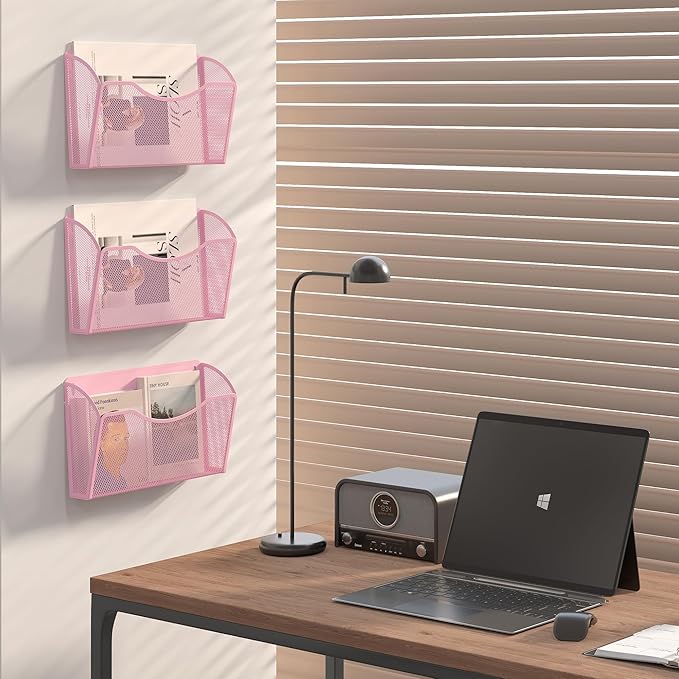 EasyPAG Single Pocket Wall File Organizer, Mesh Hanging File Folder Organizer for Letter/A4 Size Folders, Wall Mounted Vertical Mail Holder for Paperwork, Office, Home, School, Pink