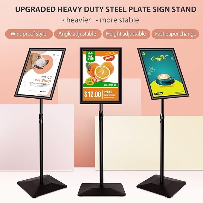 VAIIGO 3 Packs Heavy Duty Pedestal Poster Sign Stand, 11"x17" Adjustable Floor Standing Sign Holder with 6.6Lbs Solid Steel Base for Vertical and Horizontal View Sign Displayed Stands, Black