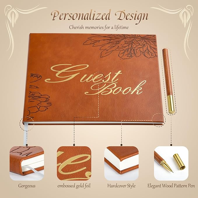 Leather Wedding Guest Book,Visitor Log Guest Book for Vacation Home,Wedding Reception,Funeral,Party,Memorial Service,10.3x8'' Embossed Open House Guest Sign in Book with Wood Grain Pen for Guests