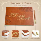 Leather Wedding Guest Book,Visitor Log Guest Book for Vacation Home,Wedding Reception,Funeral,Party,Memorial Service,10.3x8'' Embossed Open House Guest Sign in Book with Wood Grain Pen for Guests