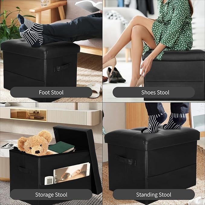 Storage Ottoman Foot Rest Stool with Thicker Foam Padded Seat. Foldable Leather Footstool Bench. Small Ottoman with Storage for Living Room Bedroom Coffee Table 350 lbs, 17x13x13in, Black.