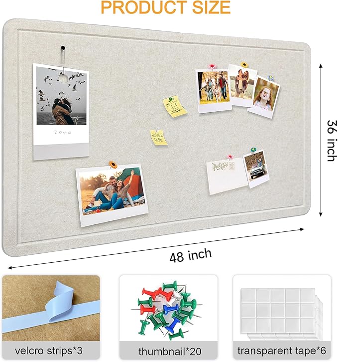 Yunihome Large Bulletin Board - Foldable 36x48 Inches Cork Board Alternative with 20 Push Pins, 3' x 4' Self-Adhesive Felt Bulletin Board for Wall, Home Office Classroom Decor