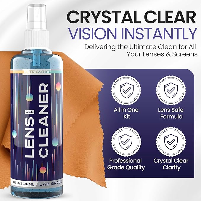 ULTRAVUE Eyeglass Gel Lens Cleaner Spray Kit - 3 x 8oz Gel Lens Cleaner Spray Bottle + 2 Microfiber Cloth for Cleaning - Safe for All Lenses (AR Coated Included), Eyeglasses and Screens