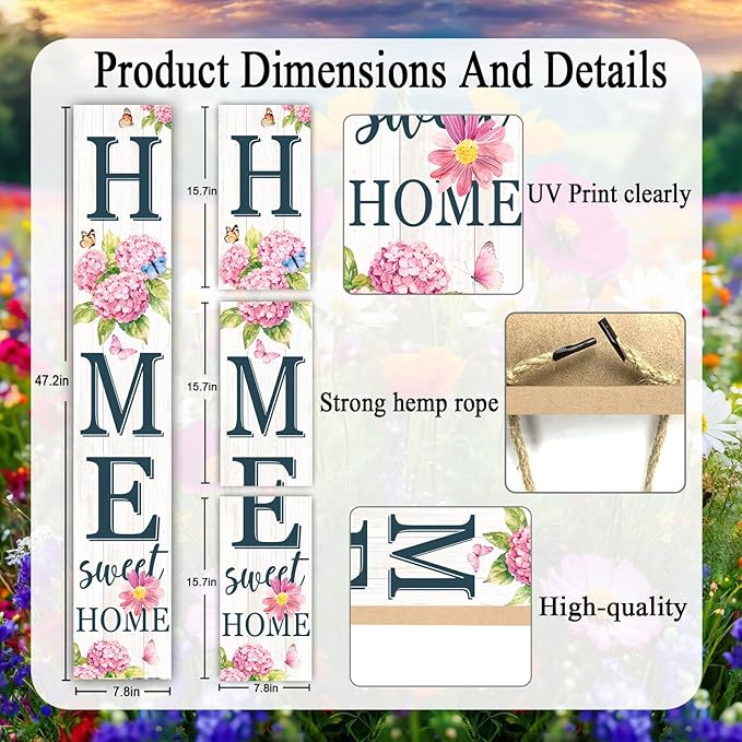 Home Sweet Home Welcome Sign for Front Porch, 47" Wood Framed Porch Sigh Spring Hydrangea Flower Decorations with Hanging Rope, Farmhouse Yard Signs Home Decor for Outdoor Patio Easter Gift