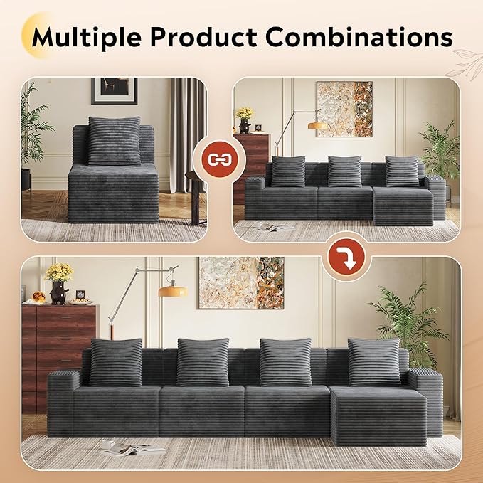 WLIVE 32'' Boneless Couch for Living Room, Modular Sectional Sofa, Cloud Memory Foam Couch L Shape with Chaise, Grey