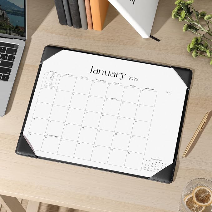 Cabbrix Desk Calendar 2026 with Desktop Mat, Simplified Medium Desk Pad Calendar 15" x 12" January 2026 to June 2027, Desk Blotter Calendar for Home School and Office (Dark Black)