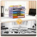 Docnest 5 Tier Letter Tray with Hanging File Organizer-Mesh Desk Organizer-Desktop Storage Box Built in Pen Holder and Handles, File Folder Holder for Mail Documents Office Supplies-Purple