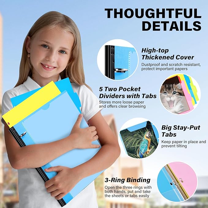 WOT I Telescoping Project Organizer, Refillable Binder with Dividers and Pockets, 13 Pocket Folders, 1 Inch 3 Ring Binder, Blue