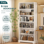 TVU 6-Tier Wooden Bookshelf, 77.2" Tall Farmhouse Style Open Bookcase, 31.5" W Standing Bookshelf with Storage, Suitable for Study, Living Room, Office, White