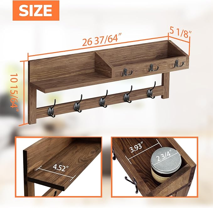AMBIRD Wall Hooks with Shelf, 26.57 Inch Entryway Wood Coat Hooks for Wall with Shelf, Coat Rack Wall Mount with 5 Dual Hooks 3 Key Hooks Mail Organizer and Key Rack Holder (Brown)