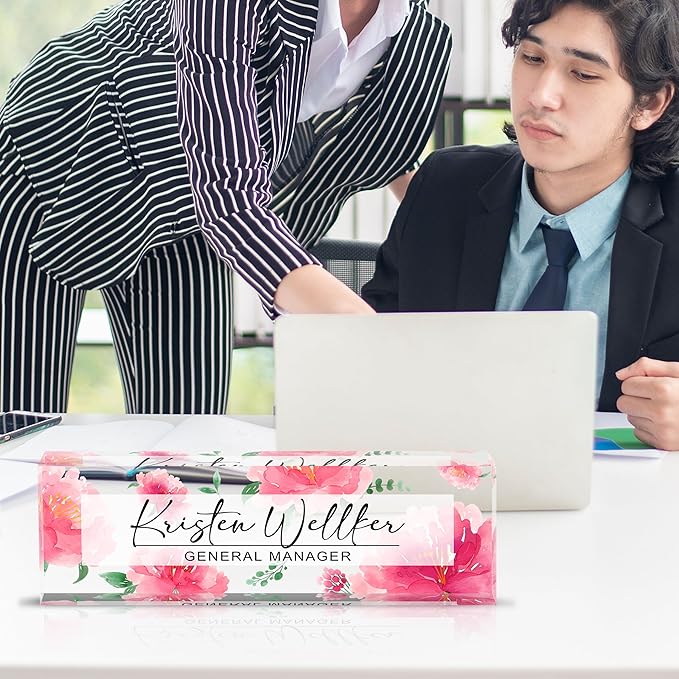 Personalized Name Plate for Desk Custom Acrylic Desk Name Plate Custom Employee Appreciation Gifts Office Gifts for Women, Men, Boss, Coworkers, Teacher, Nurse (Red Peony)