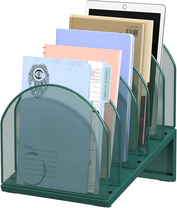 OUTIOE 5-Section Desk File Organizer, Metal Mesh Folder Organizer for Documents, Mail & Office Papers (Green)